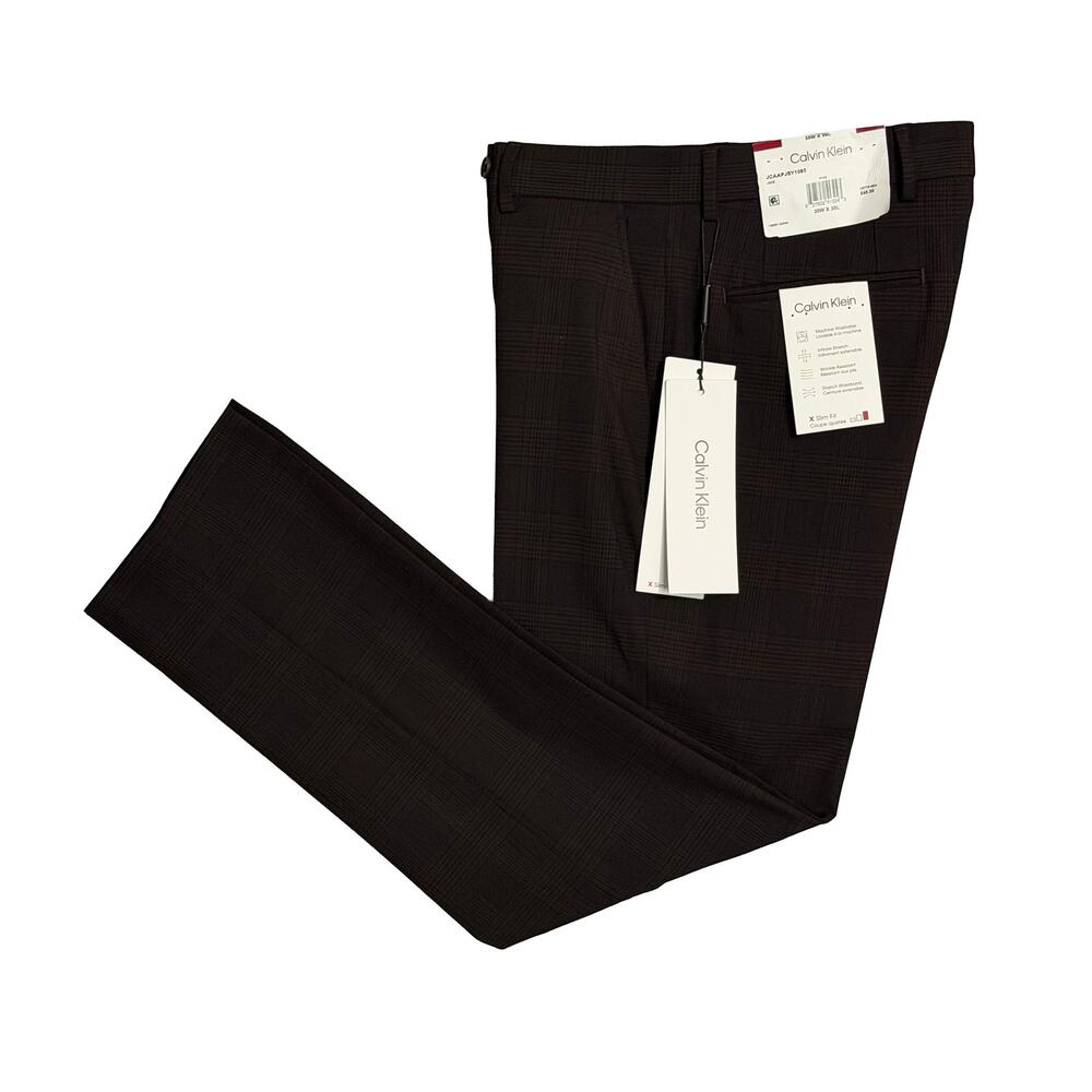 Calvin Klein Dress Pant Men's 30"x30" Slim Fit Flat Front Stretch Wine Plaid NEW